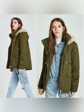 ZARA NEW KHAKI HOODED PARKA COAT WITH DETACHABLE FAUX FUR